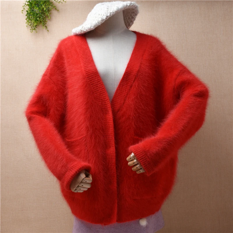 

female women winter clothing mink cashmere knitted long batwing sleeves v-neck loose lazy oaf cardigan angora fur coat sweater