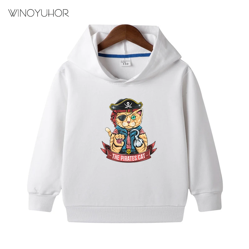 Sudadera con capucha con estampado de gato pirata para ni&ntilde;o y ni&ntilde;a, jerseys de manga larga de algod&oacute;n, ropa de calle fresca, ropa de Hip Hop para oto&ntilde;o-1
