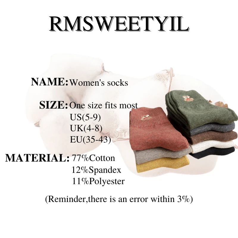 

RMSWEETYIL Cute Cartoon Bear Women Socks kawaii Animal Embroidery Combed Cotton Thick Casual Fashion Funny Girl Knit Crew Sock