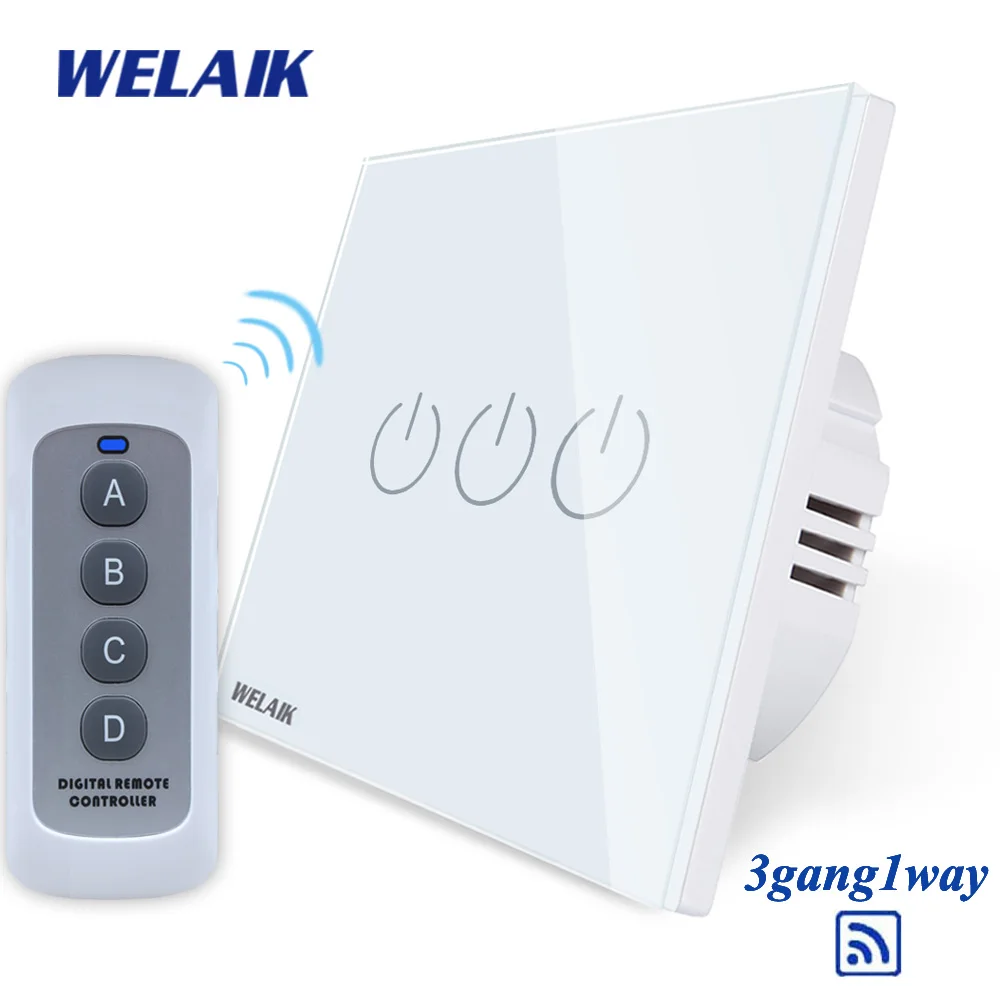 WELAIK UK RF 433MHZ настенный сенсорный выключатель-Кристалл Стекло-панель Переключатель-светодиодный светильник-пульт дистанционного управления-умный-переключатель 3 ганг-1way B1933CW/BR01