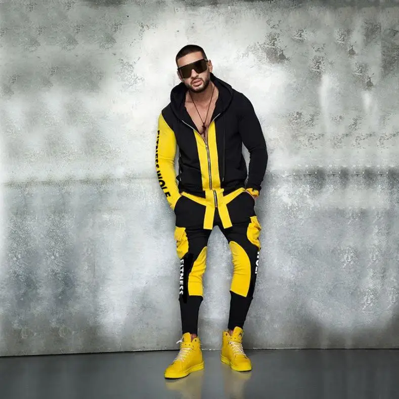 yellow set Новинка, мужской спортивный костюм, толстовка, мужская толстовка с капюшоном и штаны, комплект из двух предметов, мужской спортивный костюм для фитнеса с принтом, спортивная одежда - Цвет: yellow set