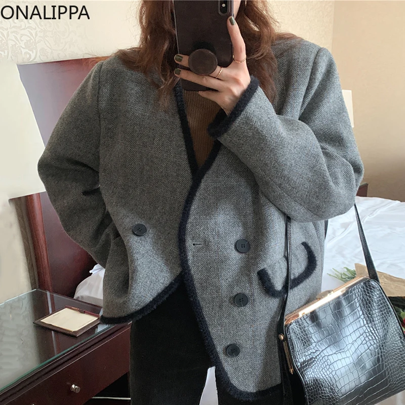 

Женский кардиган Onalippa 2021 на раннюю зиму, французская двубортная свободная клетчатая универсальная шерстяная короткая куртка с длинным рук...