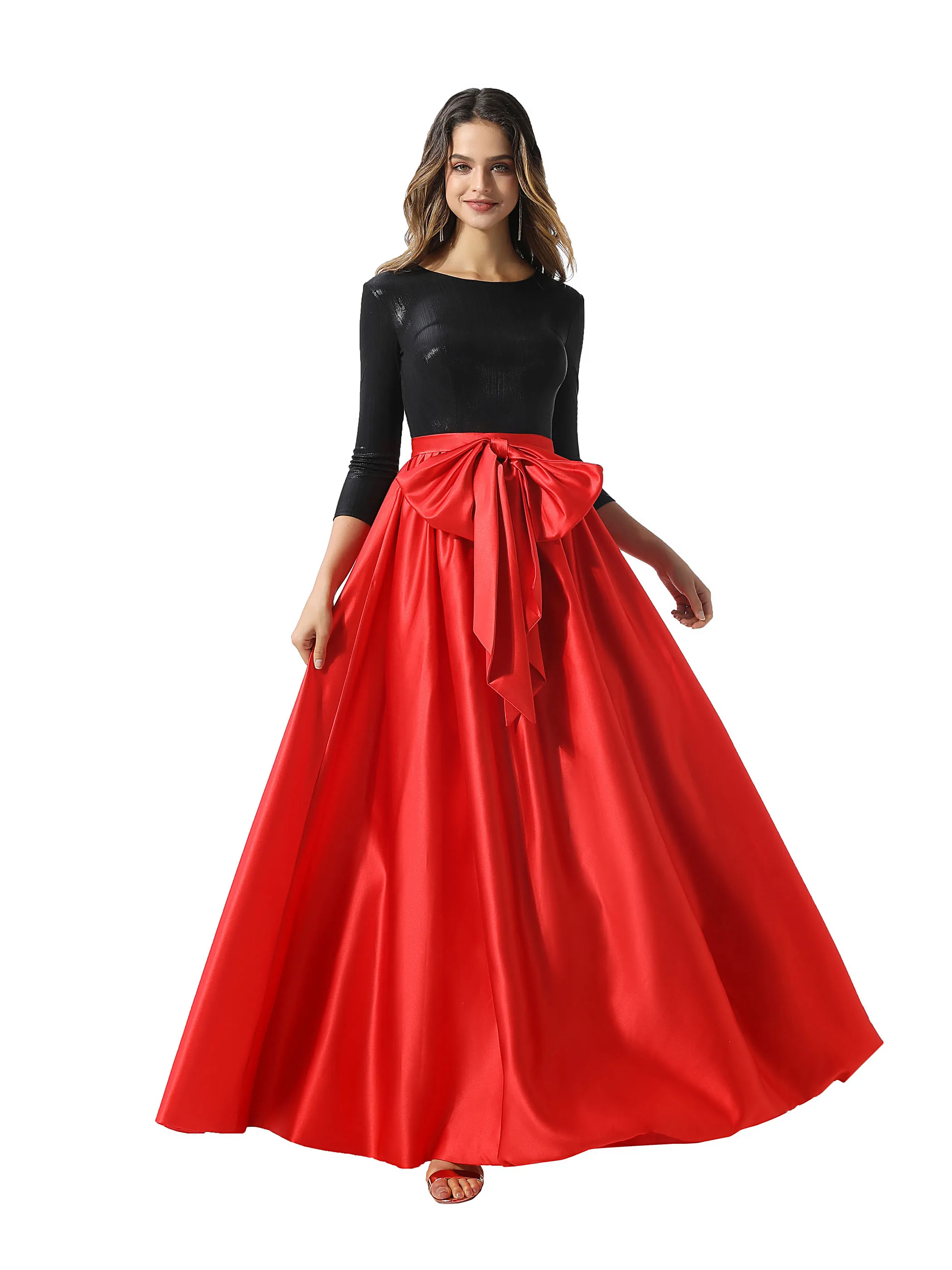 

Tanpell Red A-Line Long Evening Dress Scoop Neck 3/4 Length Sleeves Bowknot Floor-Length Women Party Custom Evening Dress 2020