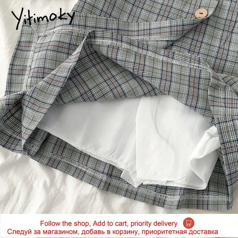 

Yitimoky Plaid Skirt Spring 2021 Korean High Waist Casual A-Line Gray Button Contrast Color Mini Skirts Womens New Hot Sale