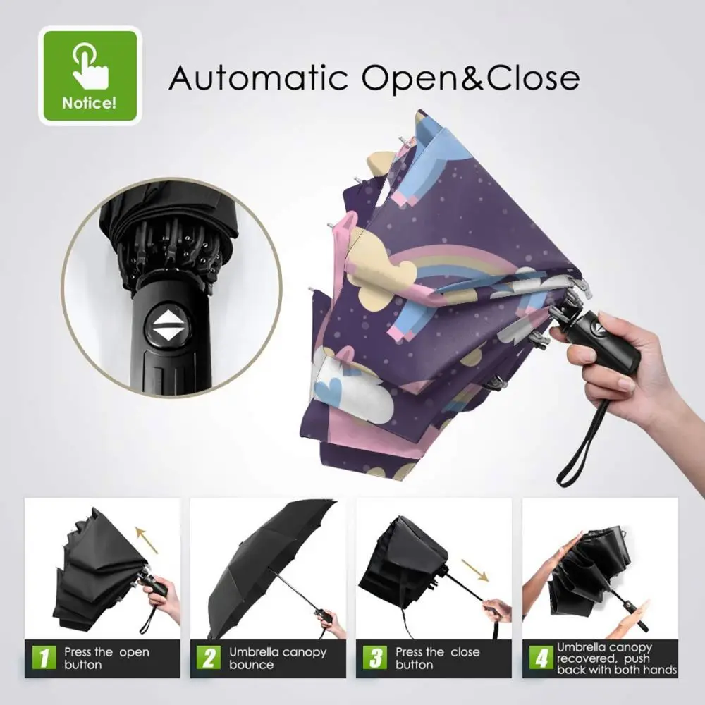 Автоматический зонт Розовый Единорог с радугой и облаками тройного сложения для