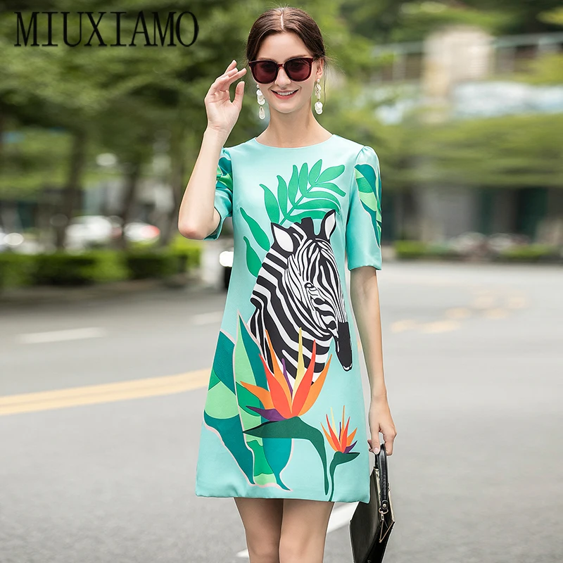 

MIUXIMAO High Quality Europe 2020 Fall Dress Newest Half Sleeve Flower zebra Print Elegant Mid-Calf Casual Dress Women Vestidos