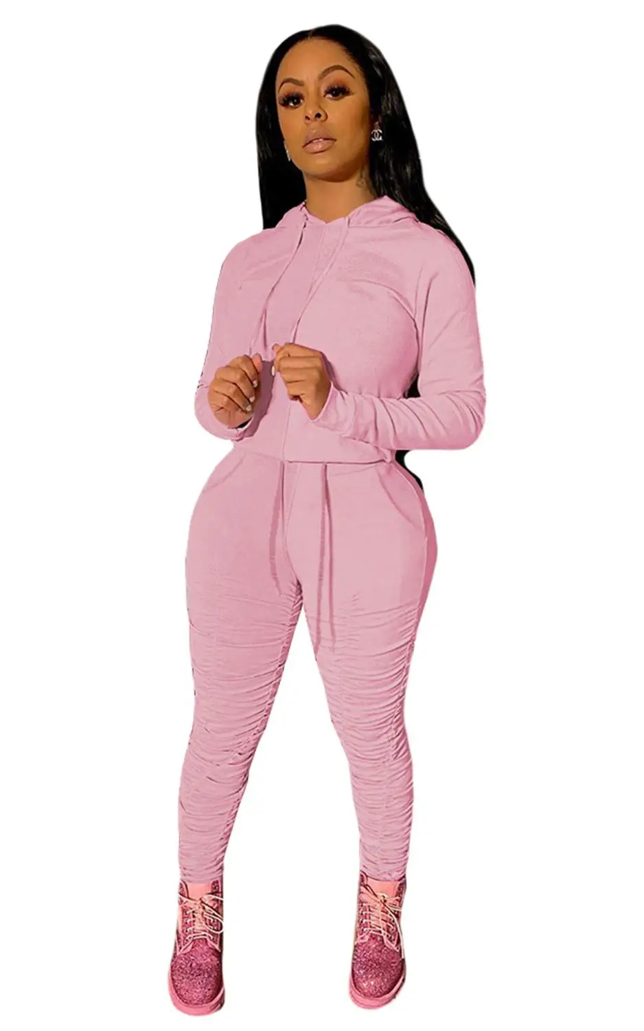 

Autumn new fashion solid color sports two piece casual slim fit hooded long sleeve top and trousers women's suit