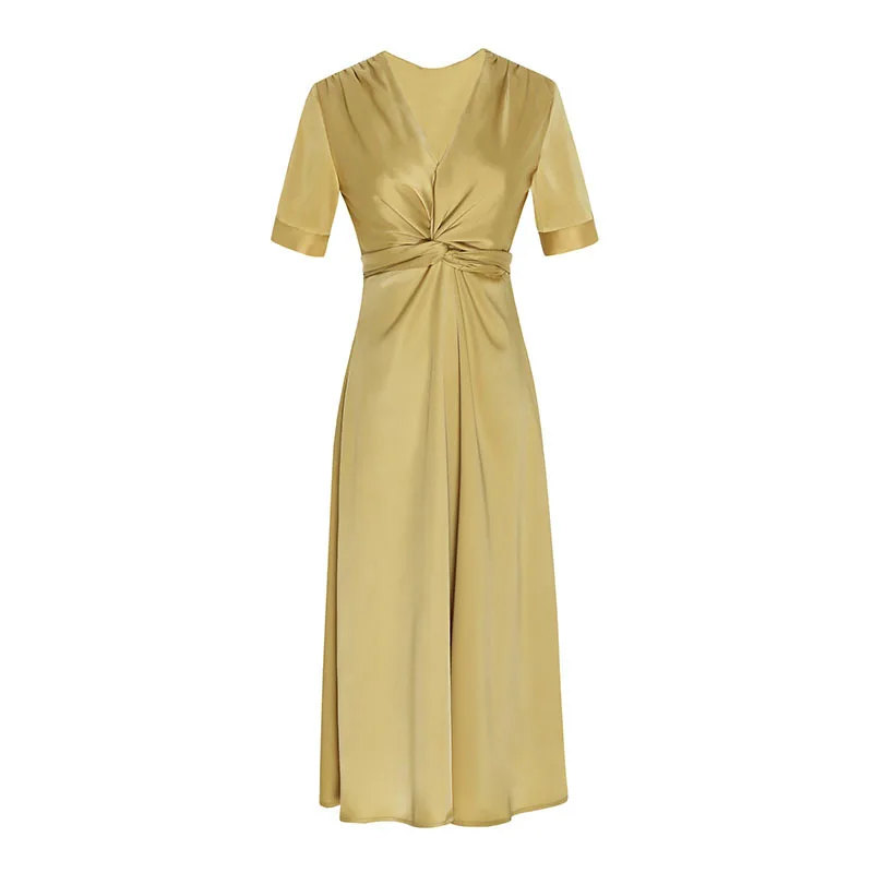 Женское атласное платье с V-образным вырезом однотонное длинное ТРАПЕЦИЕВИДНОЕ