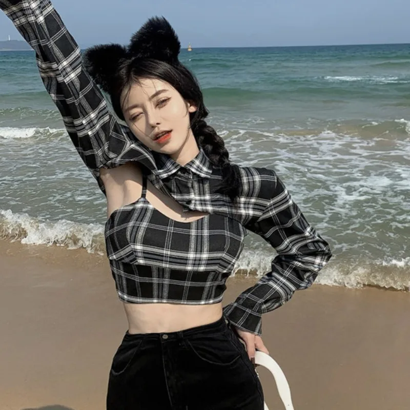 Модный ретро повседневный клетчатый жилет в Корейском стиле ажурная рубашка с
