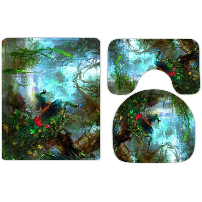 

Green Jungle Peacock 3-piece bathroom carpet, U-shaped cushion, non-slip goose down toilet seat, washable
