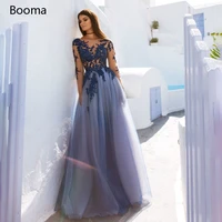 booma scoop blue prom dresses sheer neckline long sleeves lace appliques evening dresses keyhole back a line formal gowns