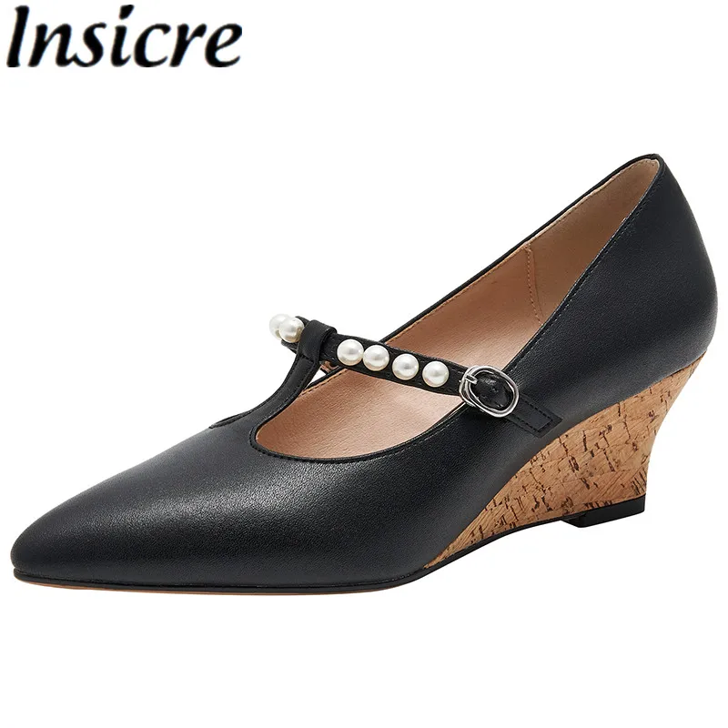 

Insicre Cow Leather Wedges Women Pumps Pointed Toe Beaded Buckle Black 2021 Summer Thick High Heel Shoes Mary Janes