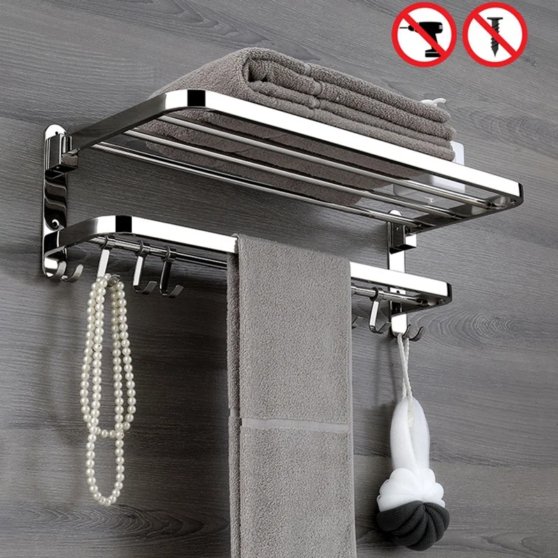 

Stainless Steel Polished Bathroom Towel Rack Pinch-Free Folding Movable Bath Towel Shelf Holder Bathroom Basket Holder