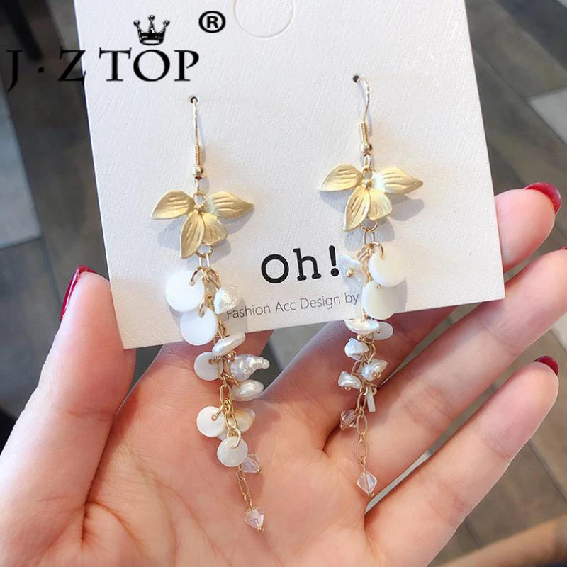 Необычные серьги подвески с искусственным жемчугом милые длинные в виде цветка