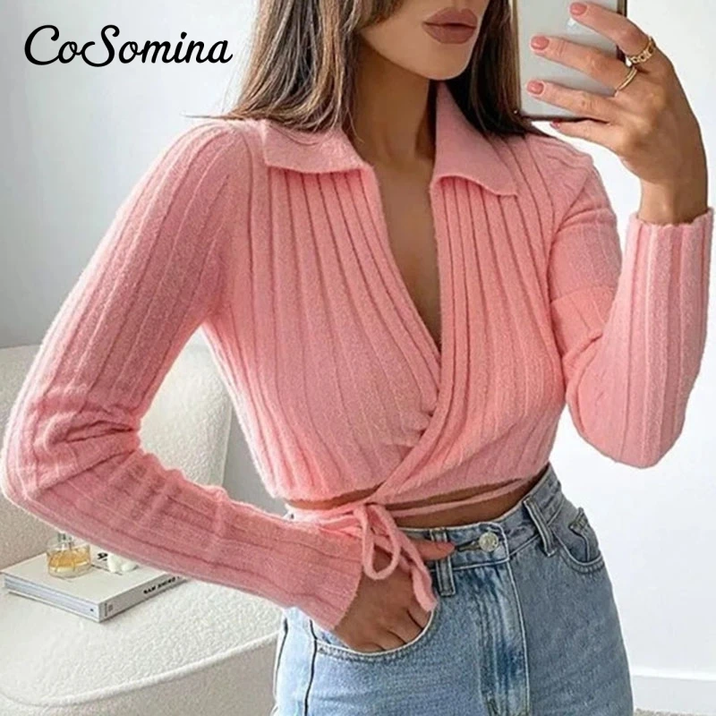 

CoSomina розовые вязаные укороченные топы Caidigan с V-образным вырезом Женские Модные Винтажные Осенние Зимние Повседневные свитера сексуальные ж...