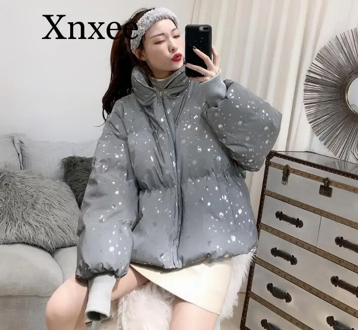 Winter Women Streetwear Down Parka Oversize Reflective Jacket Short Warm Women Coat Snowflake Sequin Parka Cotton Padded Jacket