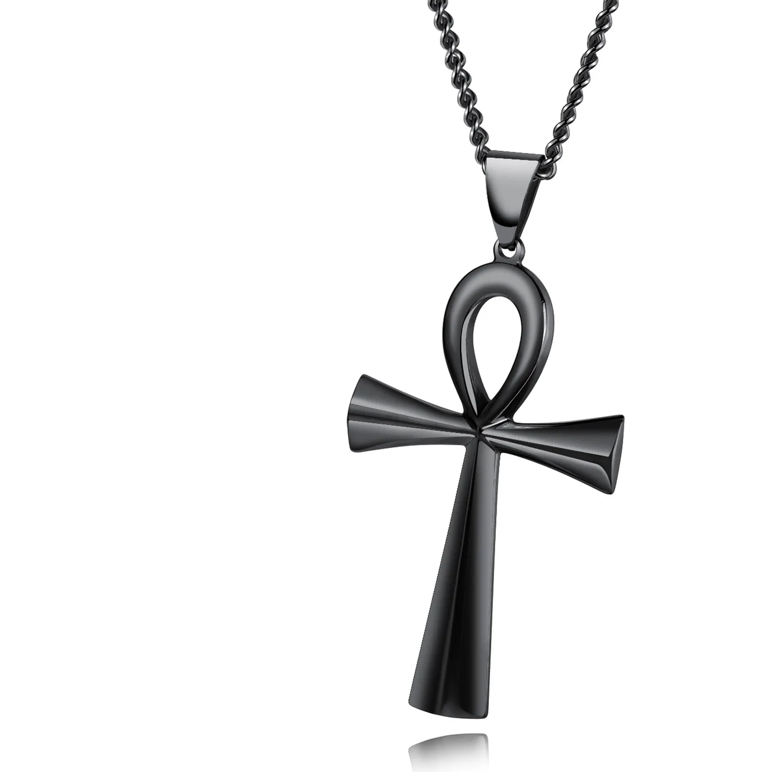 Black - 64mm Значение "Жизнь" Египетский Анкх Кулоны ожерелье из нержавеющей стали иероглиф ювелирные изделия с 2" цепь-серебро, золото, черный - Окраска металла: Black - 64mm