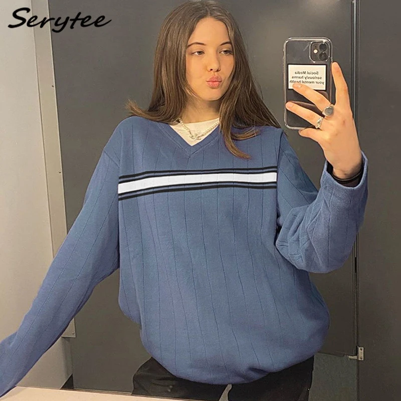 

Serytee England Style Striped V Neck Oversize Sweater For Women 2021 Autumn Winter V Neck Long Sleeve Loose Pullover Tops