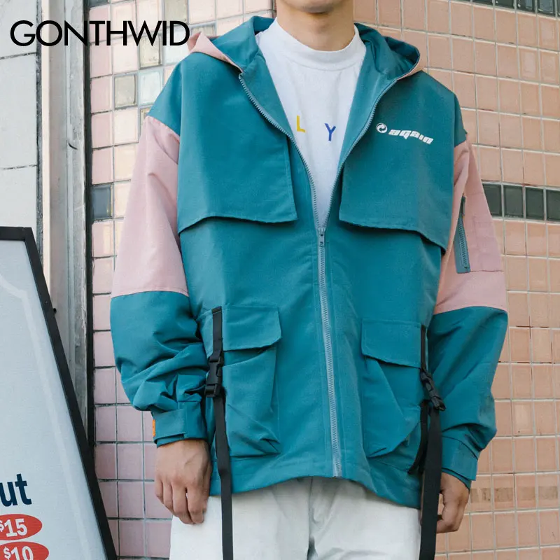 GONTHWID/ветровка с капюшоном, с пряжкой, карманами и лентами, с цветными вставками,, хип-хоп, на молнии, спортивная куртка, пальто, уличная одежда