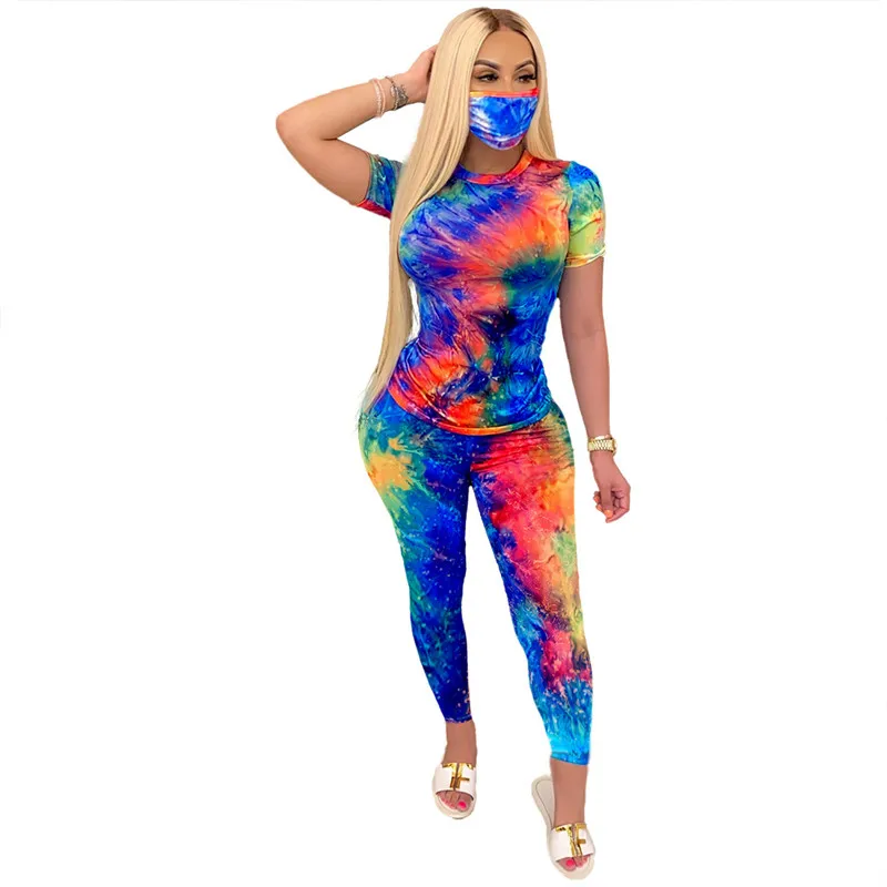 

Adogirl Tie Dye Print Fashion 3 Piece Set Short Sleeve T Shirt Top Pencil Pants Women Tracksuit Home Trousers Suit