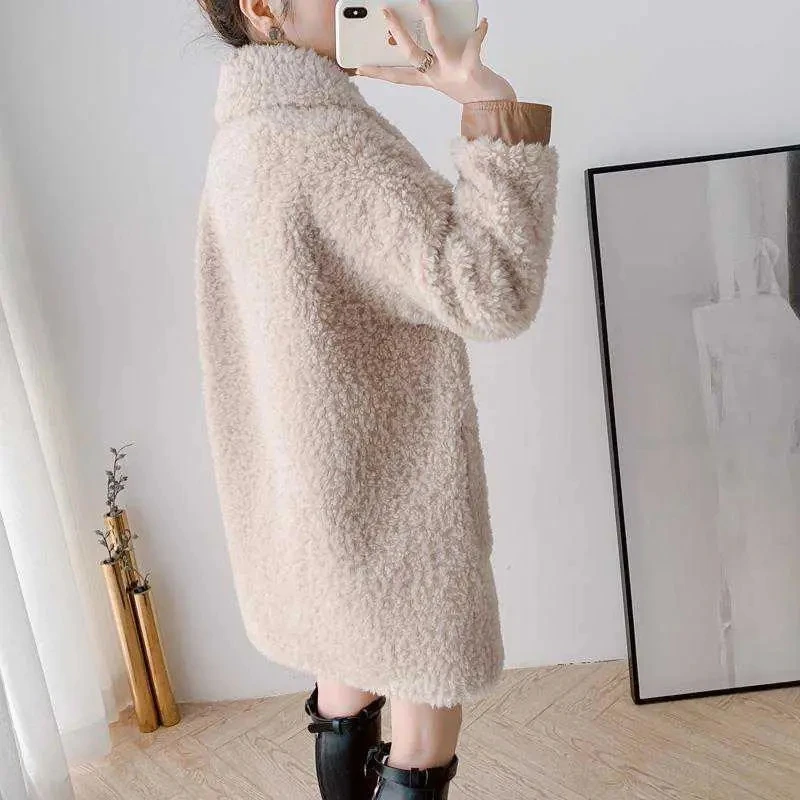 Autumn Winter Lamb Wool Fur Jacket Turn-Down Collar Double Breasted Women Double-Faced Fur Coat Korean Fashion Clothes Overcoat