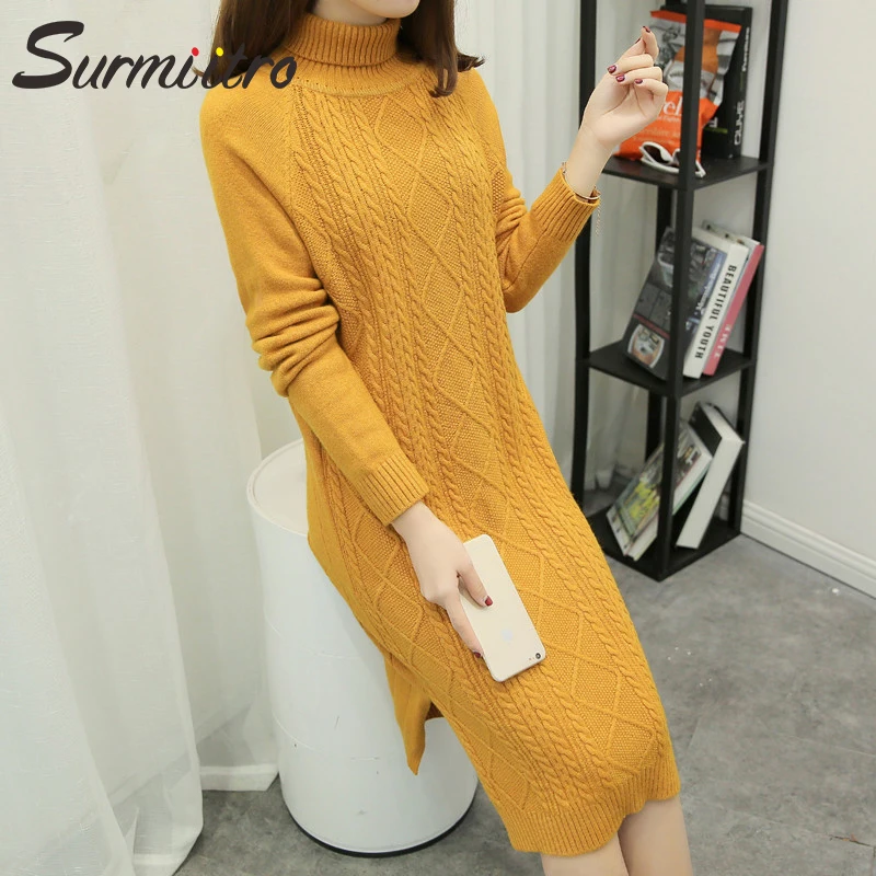 Surmiitro Knitted Long Sweater Dress Women Turtleneck Winter 2019 Korean Ladies Tricot Sleeve Jumper And Pullover Female | Женская