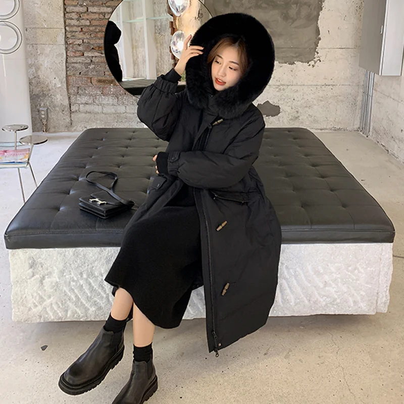 2021 new horn buckle winter jacket ladies warm and thick down pure cotton large fur collar long parka coat women loose jacket