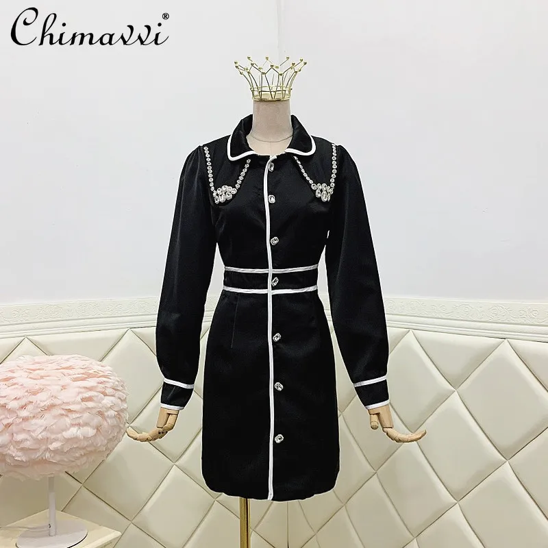

Vintage Dress Fall Clothes for Women 2021 Autumn Single Breasted High Waist Beaded Black Dress Harujuku Vestidos Mujer