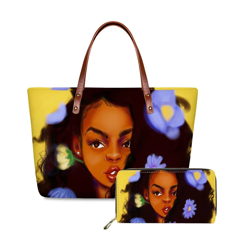 

HYCOOL Handbag And Wallet Set Flower Butterfly African Girl Print Women Luxury Tote Hand Bag Ladies Card Money Bags Purse Woman