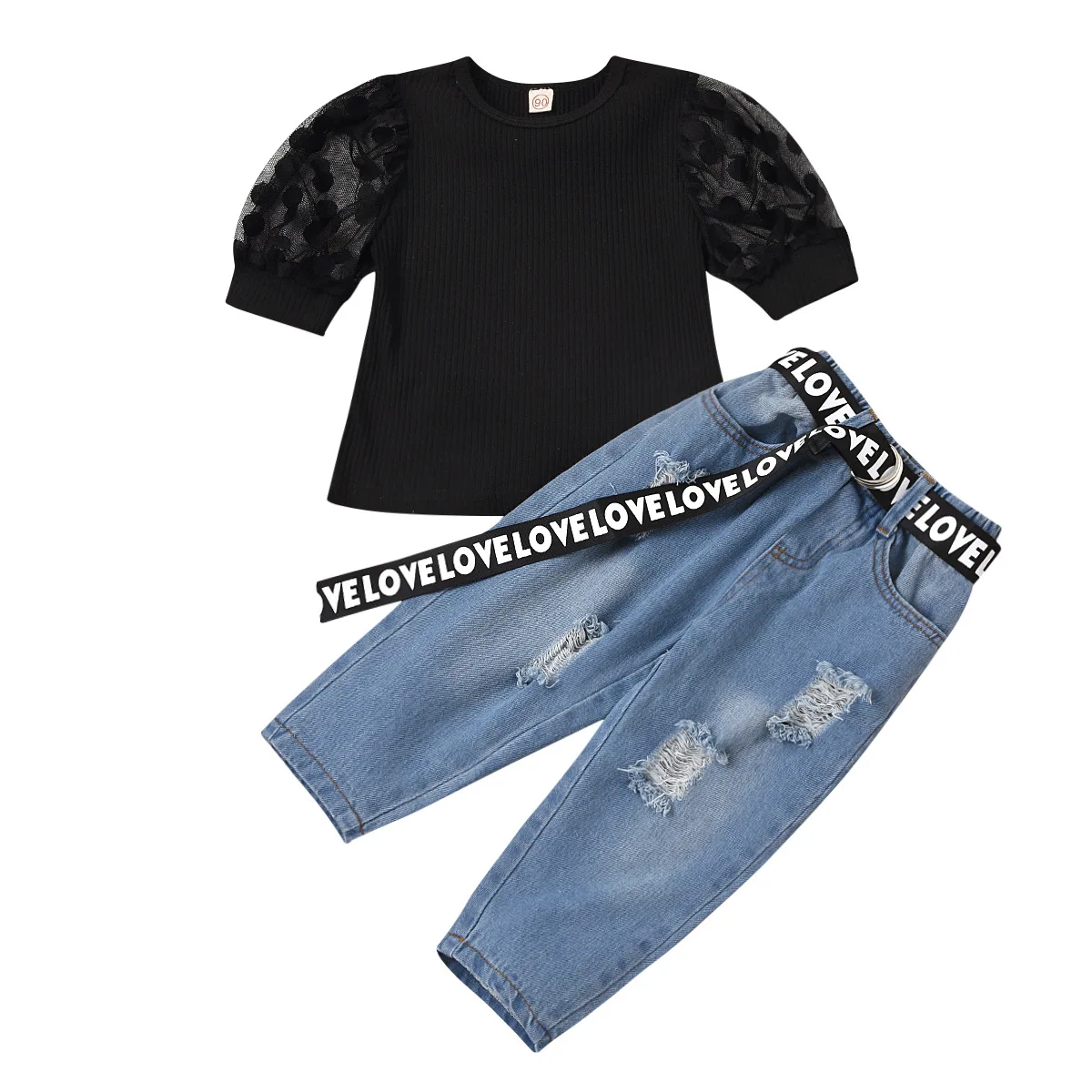 

Ircomll 2-6Y 2pcs Children Clothes Sets Knitted T-shit + Ripped Jeans Denim Letter belt Shorts for girls Children's Costumes