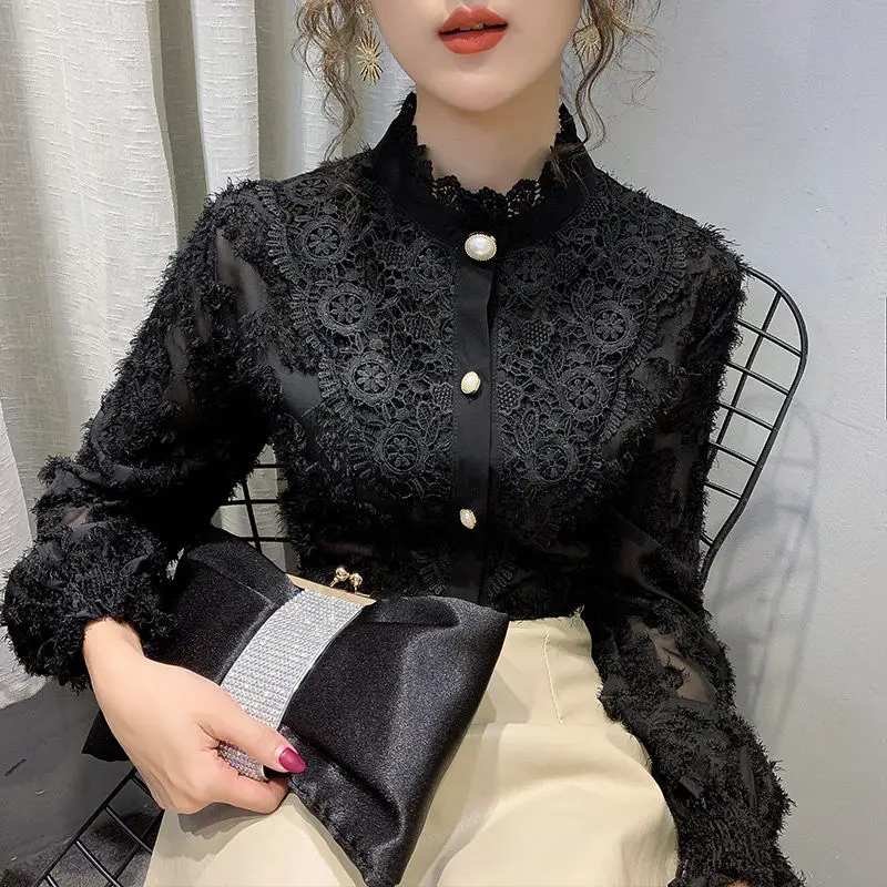 2020 New Spring Autumn Women Fashion Elegant Lace Hollow Out Long Sleeve Shirts Female Korean Solid Femininas Blouse Tops Z10