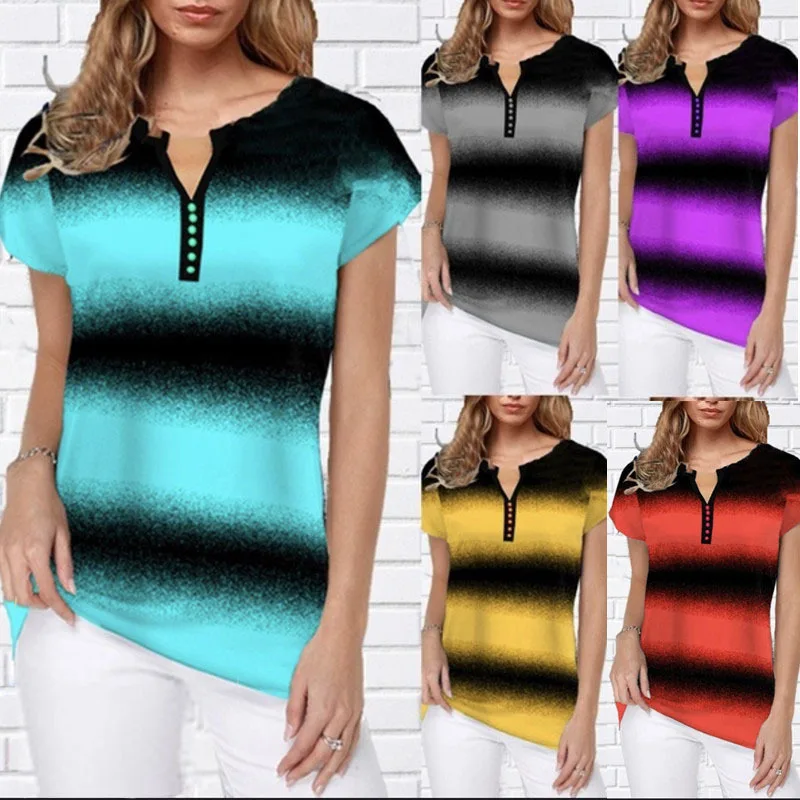 

Nice Summer Gradient Stripe Print Women T Shirts Casual Short Sleeve V-Neck Streetwear Oversized Tops Plus Size Lady Tee Shirts