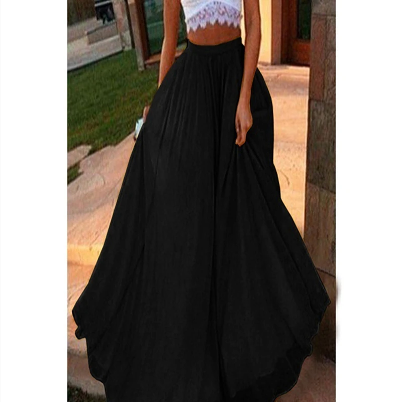 

2021 Women Chiffon Long Skirts Elastic Waist Pleated A-line Maxi Skirts Beach Boho Vintage High Waist Summer Skirts Faldas Saia