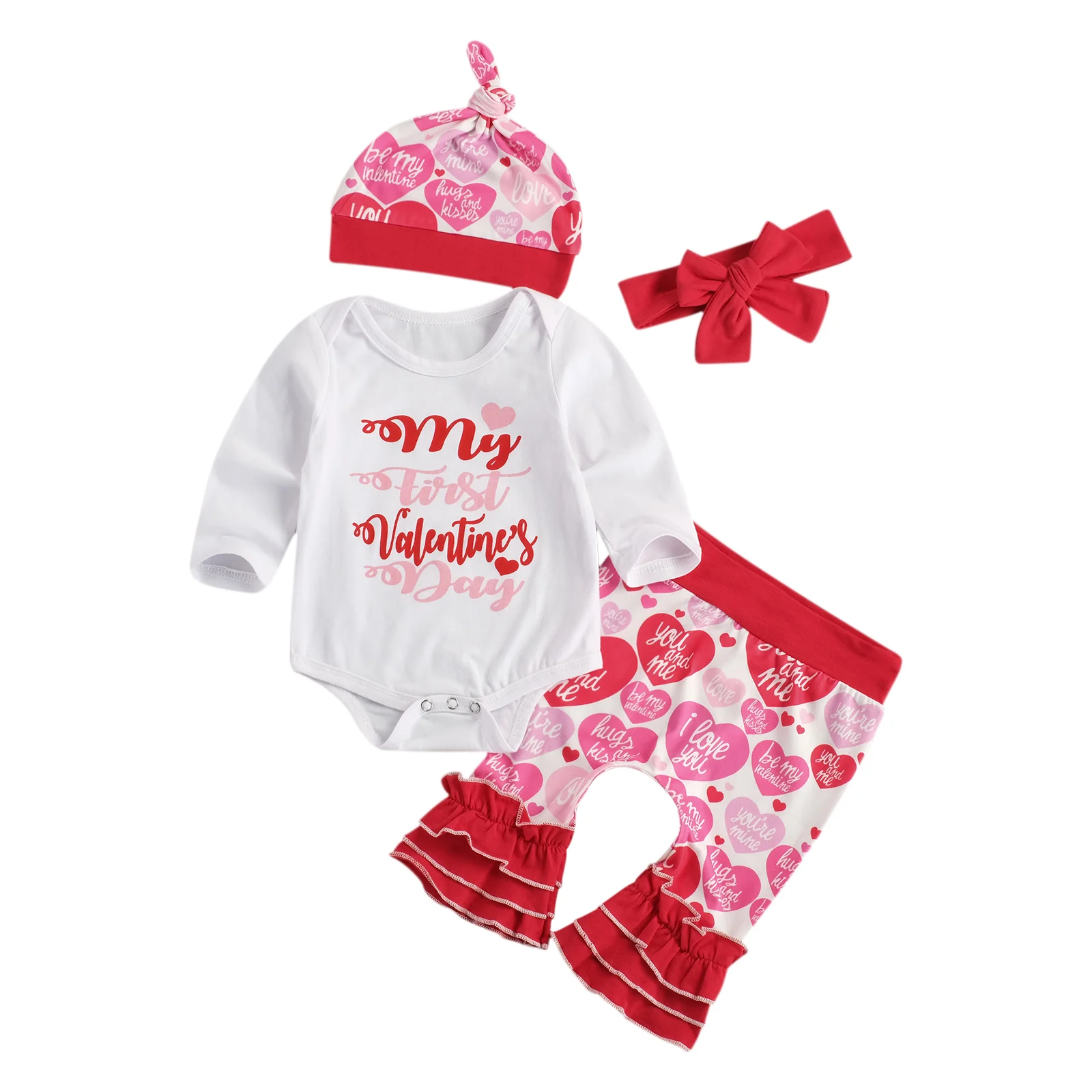 

0-12M Newborn Valentine Romper Baby Girl Clothing DADDY Letter Long Sleeve Romper+Hearts Flared Trousers+Hat+Headband 4pcs