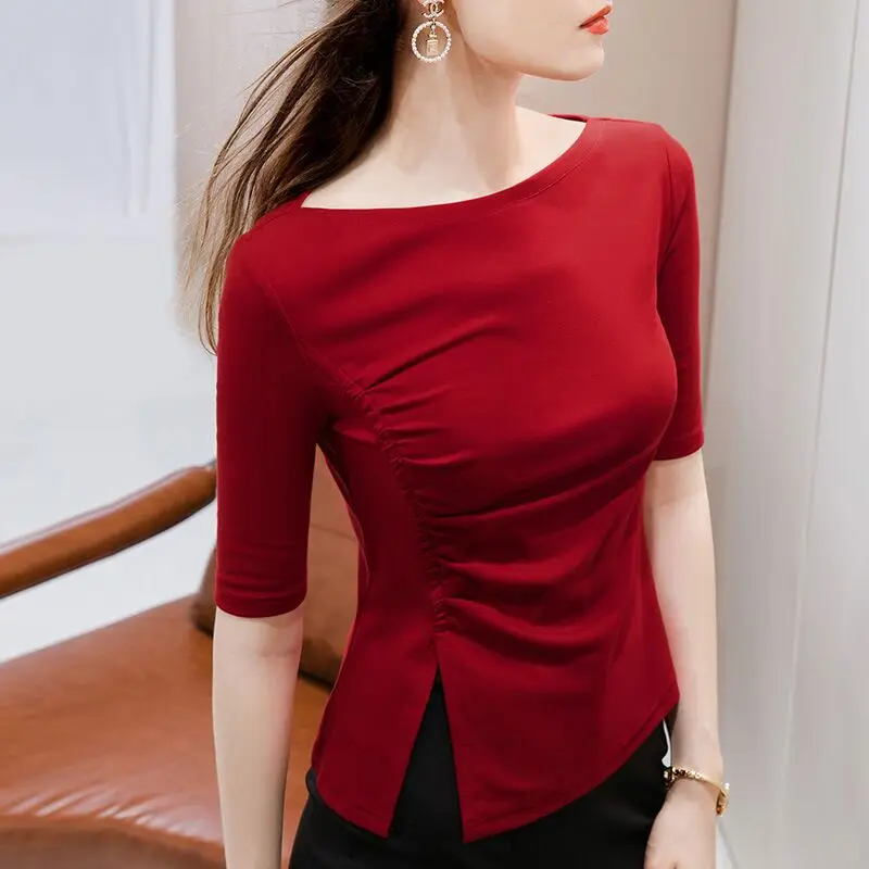 

Mid-sleeve t-shirt women 2020 autumn new women's five-point sleeve t-shirt design sense of split folds waist top women