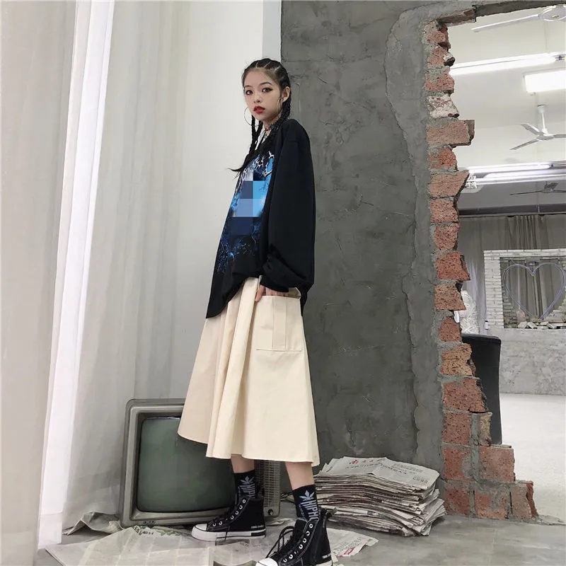 

Big Pocket High Waist Midi Cargo Skirt Harajuku Streetwear Korean Black white Skirts Women Punk Casual Loose Gothic Hip Hop saia