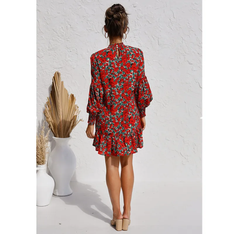 

Spring Autumn O Neck Lantern Sleeve Women Dress 2020 Casual Boho Print Long Sleeve Dresses Elegant Patchwork Rufflrs Mini Dress