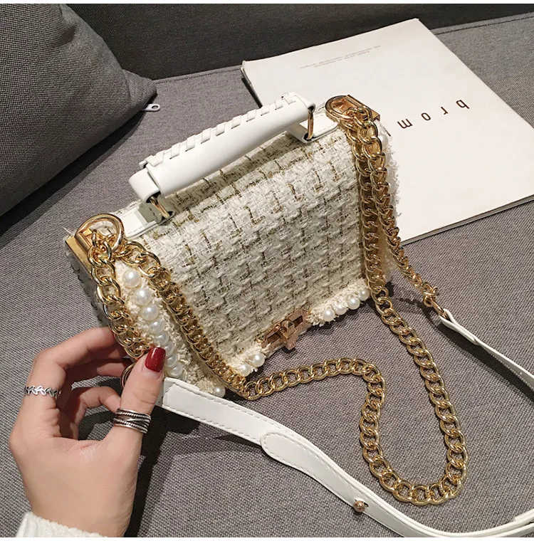 

Wriufred Woolen messenger bag and shoulder bag pearl crossbody weave flap bags for ladies leather chain female handbag and purse