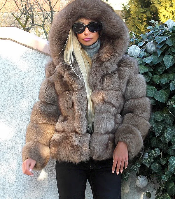 New Women Real Fox Fur Hooded Winter Coats And Jackets Women's Natural Stripe Genuine Fur Outerwear