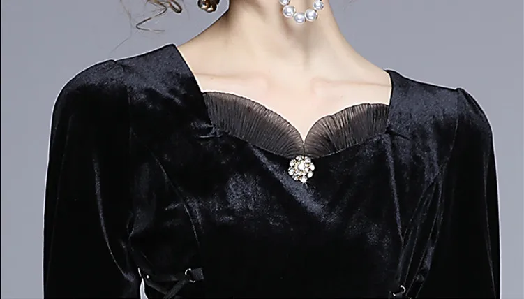 

BLLOCUE 2020 Mesh Temperament Black Velvet Dress Women's Waist Belted Sexy V-neck Long-Sleeved Midi Party Dresses Lady