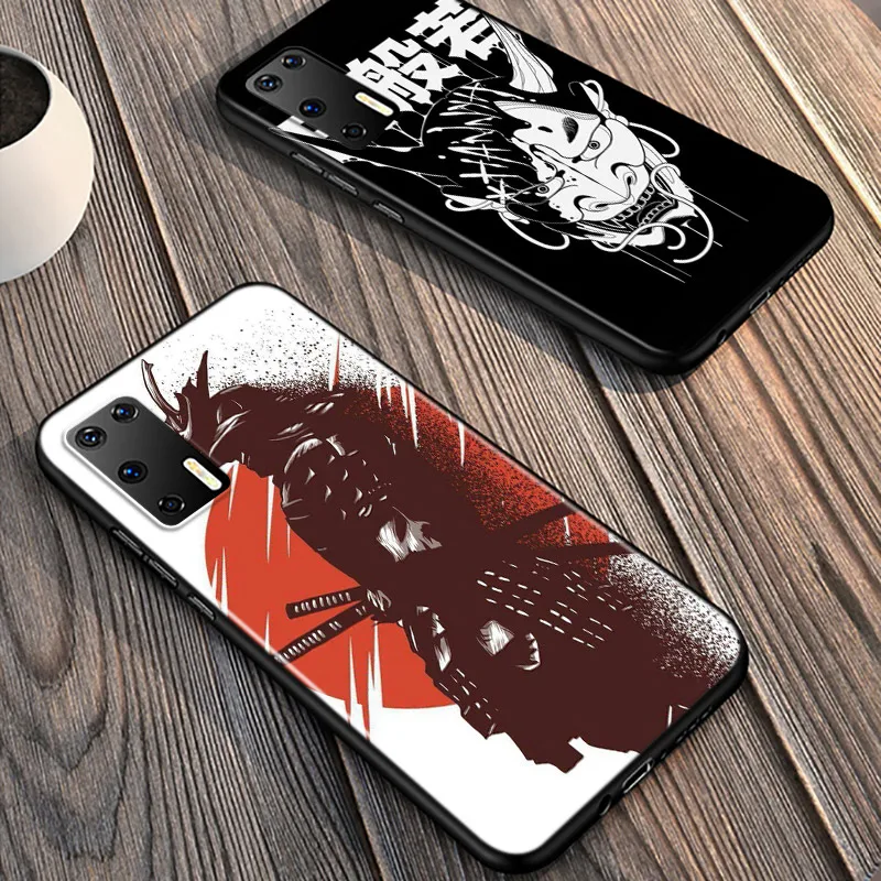 

Mask Tattoo Samurai For Huawei P40 P30 P20 Pro P10 P9 P8 Lite E Plus 5G 2019 Phone Case Bright Black Silicone Cover