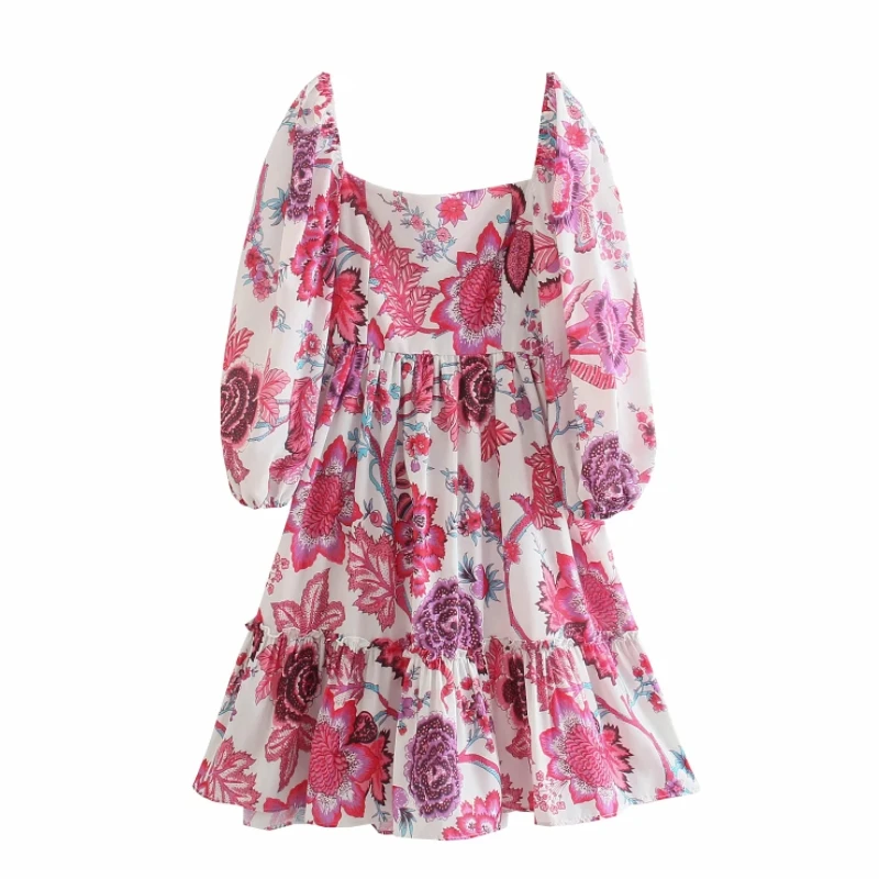 

Платье женское свободное с квадратным вырезом, элегантная одежда с цветочным принтом и рукавами-фонариками, для отдыха, D7992, на лето
