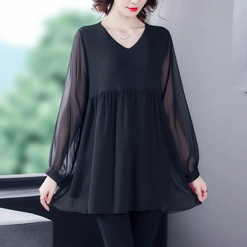

Spring And Autumn New Loose Solid Color Chiffon V-Neck Long Sleeve Large Size All-Match Casual Slim Top