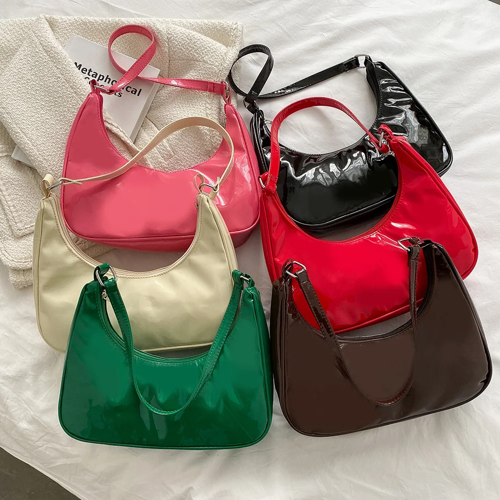 

Female Retro Shoulder Bag Patent Leather Pure Color Crescent Handbag Lady Zipper All-Match Armpit Bag for Gifts