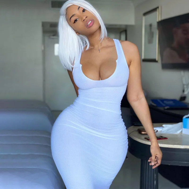 

Пикантное женское платье без рукавов с U-образным вырезом, летние модные однотонные облегающие длинные платья для женщин, женская одежда, но...