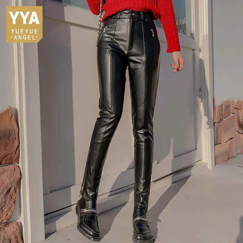 Брюки-карандаш женские из натуральной кожи с завышенной талией | Женская одежда