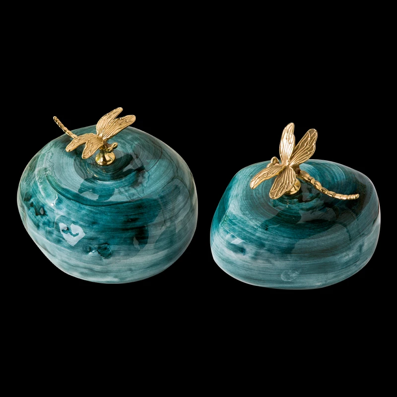

Classical Spice Storage Jars Ceramic Tea Canister Cyan Gradient Glaze Porcelain Candy Jar with Cover Copper Dragonfly Decorative