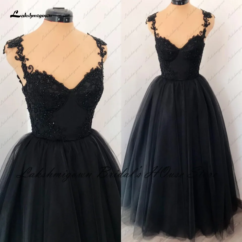 

Роскошное черное свадебное платье Lakshmigown, винтажные кружевные тюлевые Длинные свадебные вечерние платья на тонких бретелях 2022