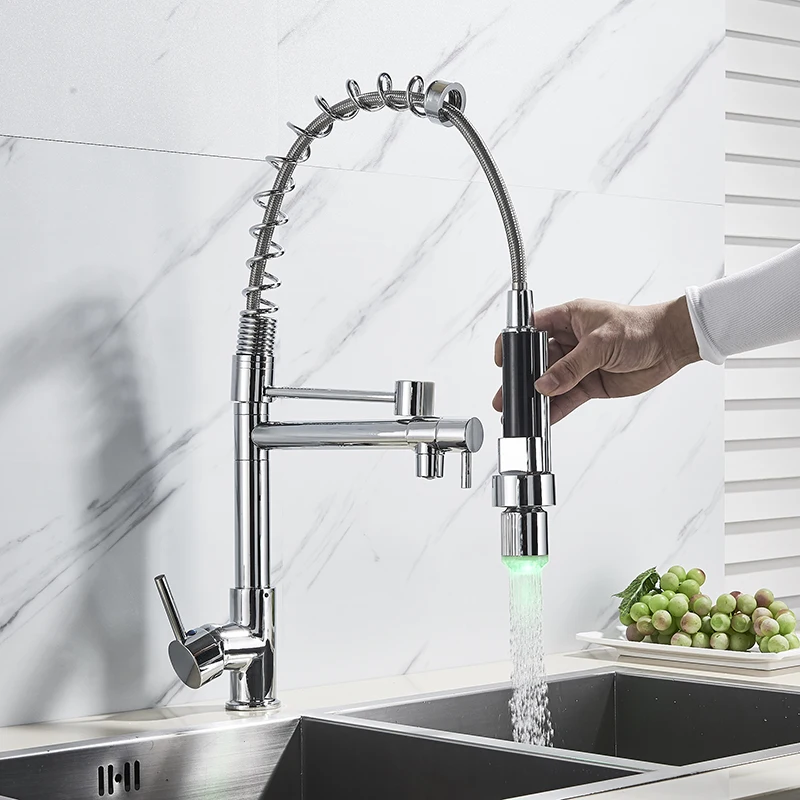 Хромированный Светодиодный смеситель для кухни выдвижной кран с одним