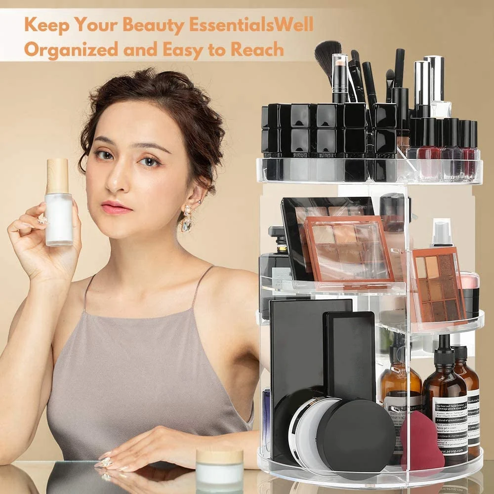 

360 Rotating Makeup Organizer Cosmetic Storage Spinning Makeup Holder Box Display Stand Adjustable Tray